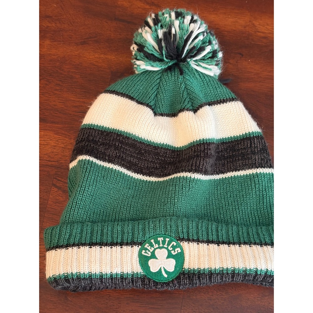 Adidas Boston Celtics NBA Beanie Green White Black Striped Cuffed Pom Knit Hat
